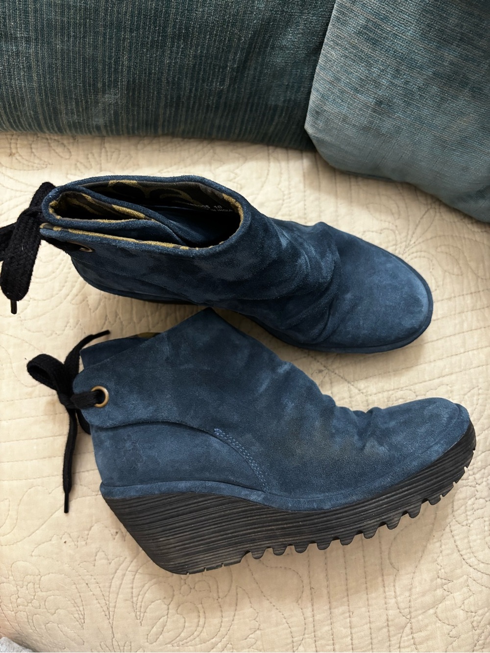 Fly London Yebi tie back blue suede wedge shoes